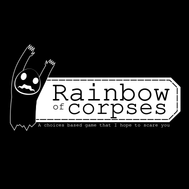Rainbow of corpses logo. On the left a stylized ghost element, on right side of it the words "Rainbow of corpses" and under it the words "A choice based game that i hope to scare you"