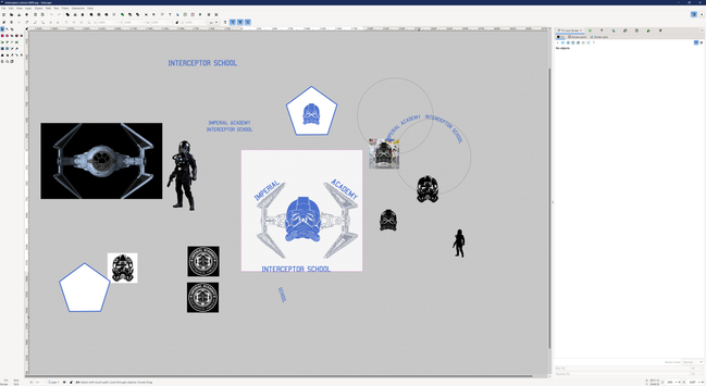 Screenshot von Inkscape, Star Wars Logos, Schriftzüge und ikonische Grafiken und Silhouetten chaotisch überall verteilt