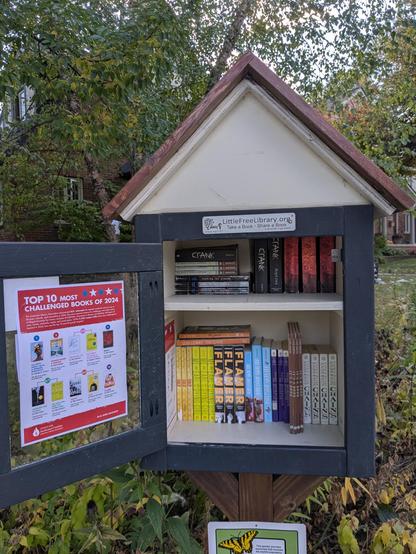 Greenish black and white little free library with a wooden roof. The door to the library is open and on the back of the door is the ala.org list of the 10 most challenged books of 2024. Inside of the library is a selection of these books.