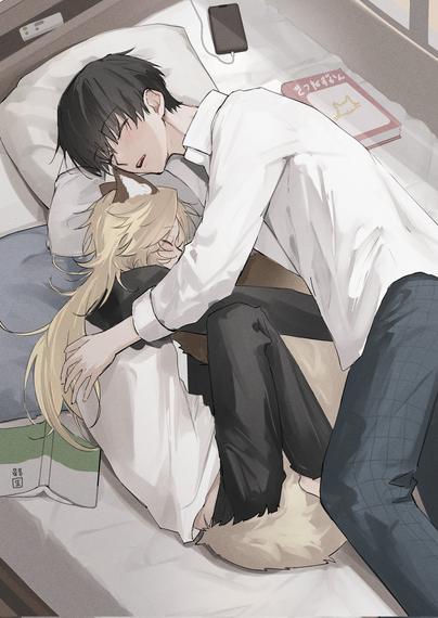 Anime boy and a foxboy sleep