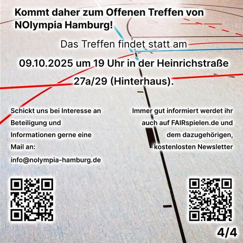 Kommt daher zum nächsten Treffen von NOlympia Hamburg am 9.10.2025 um 19 Uhr in der Heinrichstraße 29