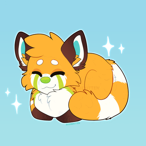 A orange, brown, white, green and blue red panda furry laying down in a neatly tucked loaf