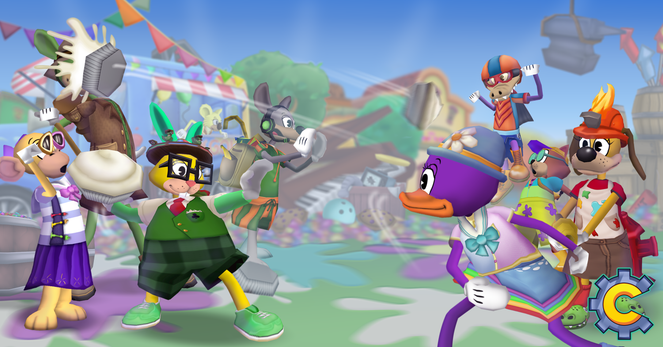 A variety of Toons are engaged in a pie-throwing battle. In the background are a variety of piled-up Gags, the Gag-N-Go with Reid cheering them on, and the Gag shop slightly out of frame.