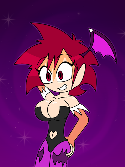 An aged up Jun Motomiya, hypnotized and posing in a Morrigan Aensland outfit