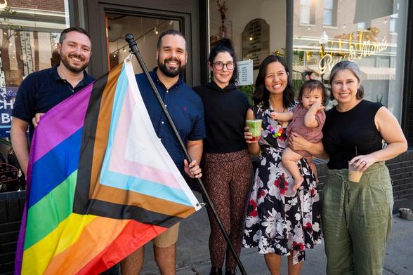 Mayor Wu, Councilor Pepen and Russ and Mimi's crew today, holding a pride flag