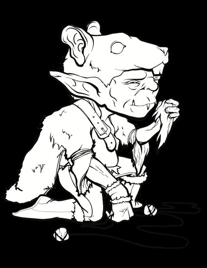 A black and white line drawing of a goblin hunter tracking someone or something. They're sniffing a scrap of cloth, and wearing the pelt of a very large rodent. Art by mrlich.