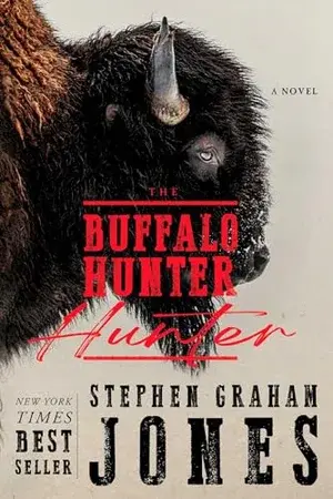 Cover image of the book, 'The Buffalo Hunter Hunter", by Stephen Graham Jones.
The title is 'old' print, but the second "hinter" is a handwritten manuscript signature.
It shows a beige background,  and in profile, facing looking right, the head and foreshoulders of a buffalo. The buffalo's gaze is forward, maybe slightly to its right.