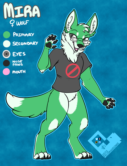 Digital art of a green and white wolf wearing a black shirt with a No Entry design on the front. Made for a character reference.