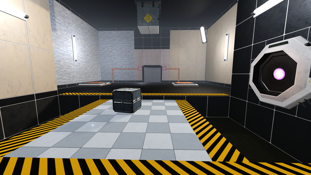 videogame screenshot. a blue box on a raised checkerboard tile platform, surrounded by black and yellow hazard stripes. on the right is an octagon-shaped device with a purple glowing energy ball inside it.