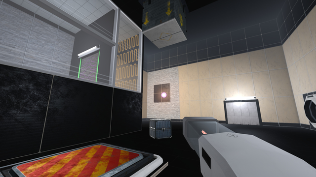 first-person videogame screenshot. a beige room. the camera is looking at a flying glowing purple energy ball against a black tile wall panel sticking out from the rest of the stone-textured wall. on the left is a pressure plate with red and orange stripes.
