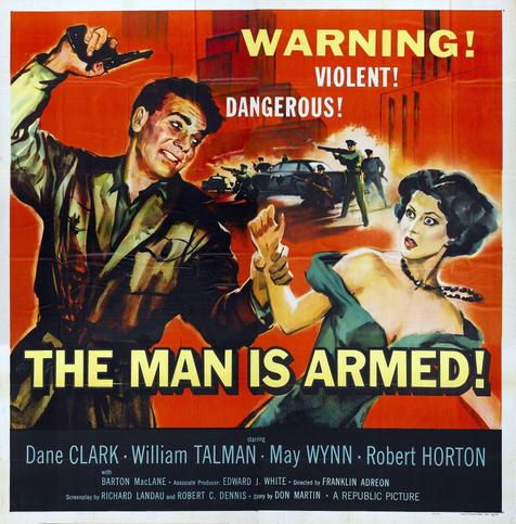 A man and woman in the foreground, the man holding a gun and grasping the woman by the wrist with the other hand. Multiple police officers with guns and a police car in the background. Text: "Warning! Violent! Dangerous!".
