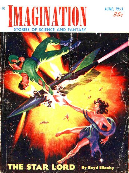 A male and female figure reach out their hands to each other from diagonal corners of the image, their clothing torn, as a space ship explodes behind them. Multiple other figures are floating in space near the exploding ship.
Magazine cover from 1953.