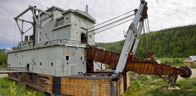 The bucket line at the front and the main dredge vessel - Dredge No. 4., Bonanza Creek, Yukon, Canada - Summer 2025.