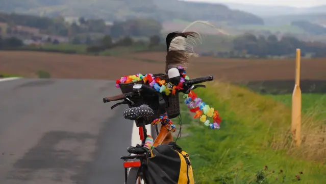 Buntes Fahrrad auf einer Fahradstraße