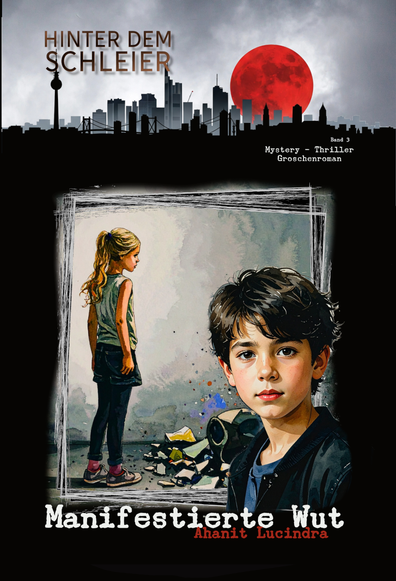 Cover E-Book und Taschenbuch Hinter dem Schleier, Band 3 Manifestierte Wut Auf dem Cover ist das Logo der Serie zu sehen (Skyline von Frankfurt dahinter ein Roter Mond und der Schriftzug Hinter dem Schleier) Das Hauptcoverbild ist ein Mädchen das Scherben auf dem Boden betrachtet und ein Junge im Vordergrund der den Leser betrachtet.