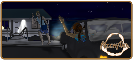 A  young man waves to a girl leaning out a car window as he moves walks to his house.