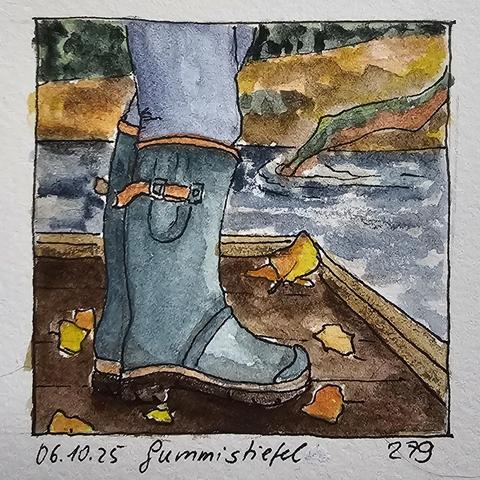 Aquarell: Zwei Beine in Jeans und in Naturkautschuk-Gummistiefeln, die auf einem mit Laub übersähten Holzstegende stehen. Im Hintergrund sieht man ein herbstlich gefärbtes Ufer.