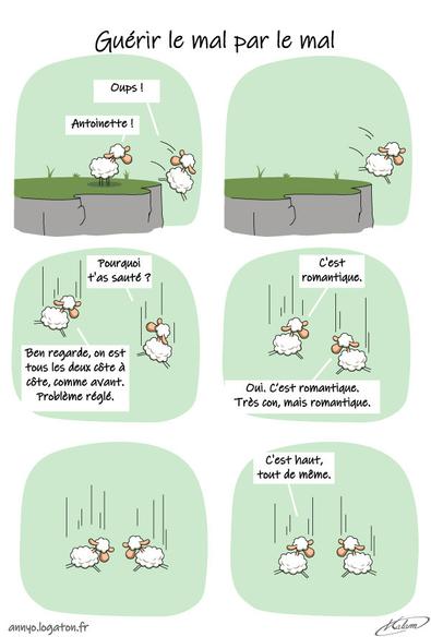 Un mouton tombe dans un ravin.
- Oh non Antoinette !
L'autre saute aussi.
Ils sont tous les deux dans le vide
-Mais pourquoi t'a sauté? 
- Ben si, regarde, on est tous les deux côte à côte comme avant.
- C'est romantique
...
Ils regardent en bas.
- C'est haut, tout de même.