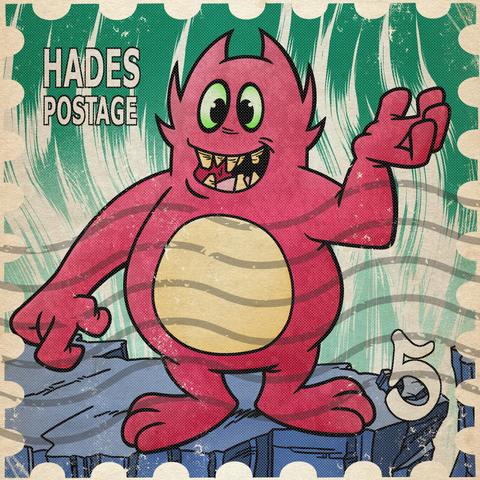 Square image with perforated edges like a stamp.
The words Hades Postage and the number five can be seen in opposite corners.

The main image is of a red anthropomorphic creature with three horns on each side of it’s head and a mouthful of broken teeth.

It is standing on a rocky outcrop and in front of a green flame filled sky.