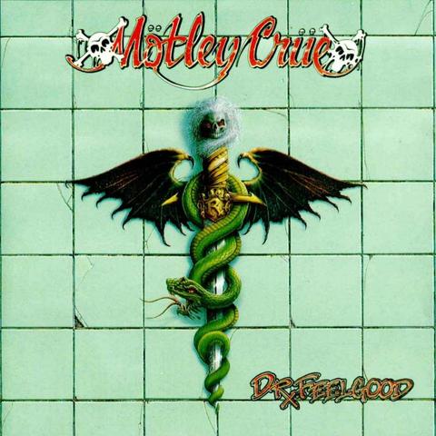 Album cover for Dr Feelgood by Mötley Crüe.

Features an evil version of the caduceus with bat wings and a zombie skull on top.