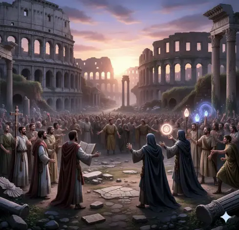 generata AI impero romano in rovina ove in primo piano abbiamo preti e maghi che si contendono il potere spirituale sul popolo