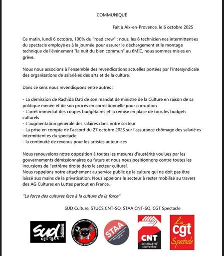 Communiqué en image, avec les logos de Sud Culture, STUCS, STAA, CNT SO et CGT Spectacle