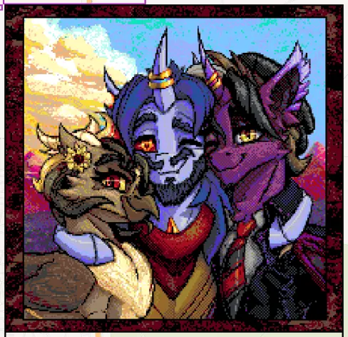 Screenshot of a spot on wplace.live where we made pixel art of our last anniversary artwork, containing the 3 of our characters hugging with a background stylized after my preferred polyamorous flag.
