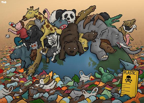 Cartoon showing the earth as an island in a sea of (plastic) waste. Animals are piled on top of each other on the island to escape from drowning in the plastic ocean. A human also sits on the island, on top of one of the animals, drink from a plastic coke bottle and casually throwing a plastic wrapper in the sea of waste.