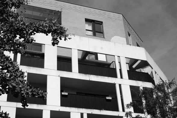 A black and white photo of a building where we can see some missing tiles from a wall