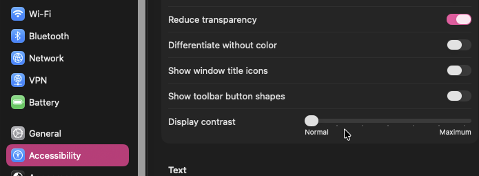 MacOS 26 systems settings, shows the "Accessibility/Display > Reduce transparency" option being turned on.