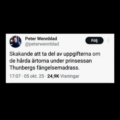 Peter Wennblad twittrar:  Skakande att ta del av uppgifterna om de hÄrda Àrtorna under prinsessan Thunbergs fÀngelsemadrass.