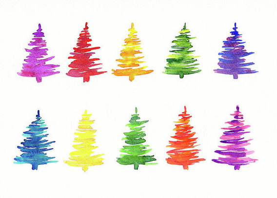 Colorful fir trees is a watercolour painting in landscape format painted by the artist Karen Kaspar.
Colorful, abstract fir trees are arranged in two rows, each depicted in a unique hue in shades across the rainbow of yellow, orange, red, pink, purple, blue and green. The vibrant and playful design creates a festive and cheerful atmosphere.
This watercolor painting is perfect for Christmas cards and Christmas decorations in any home.