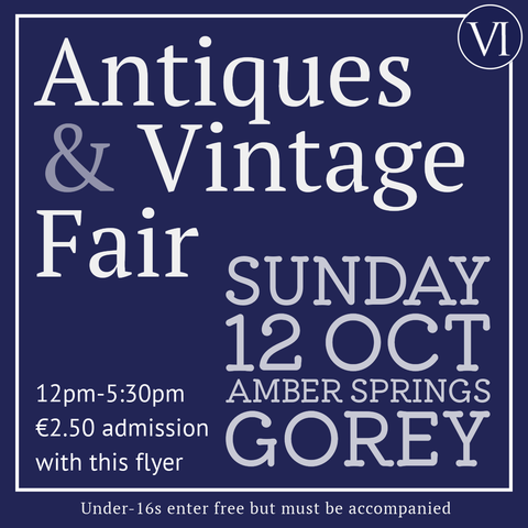 White text on blue background, reiterating event details in post. For more info, see VintageIreland.eu