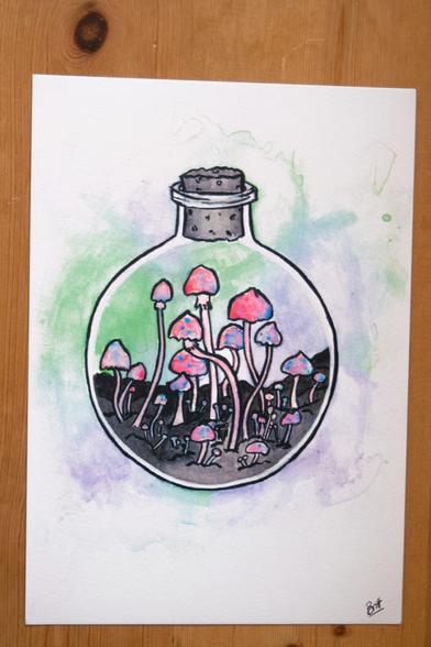 A print of an original ink drawing of a Mysterious Potion. As you watch the jar behind the potion seller's counter, the mushrooms contained within seem to glow, occasionally releasing spores. This bottle is unmarked, perhaps even the potion seller doesn't know what it does.

Printed on high quality A5 watercolour printing paper to maintain the texture of the original piece.

This piece has a companion piece, the Seeing Potion.