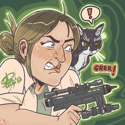 Autorretrato con una camisa tipo la que llevaban los personajes en la peli primera de Alien. Llevo una pistola que sale en una de las películas antiguas y a Bolita, mi gato tuxedo de ojos verde amarillos, asomando por el hombro. Yo tengo cara de ir al ataque y bolita solo de estar molesto. Yo tengo escrito GRRR! mientras que él tiene un signo de exclamación encima. El fondo es verde y tengo la firma en una manga.
