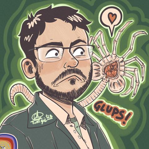 Retrato estilo cartoon de un chico con gafas, pelo y ojos oscuros, con barbita corta y cara de susto porque por encima de su hombro asooma un facehugger de Alien. Va con la chaqueta de la Nostromo. El bicho tiene un bocadillo con un corazoncito y el señor un GLUPS! al lado. Mi firma está en una solapa. EL fondo es, por supuesto, en verdes.