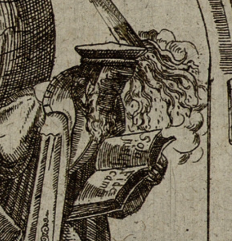 A detail from a 1608 broadside showing a man with a thinking hat reading in a big book. His hat is touched from a fire that comes from above. Source: http://resolver.sub.uni-goettingen.de/purl?PPN816080135