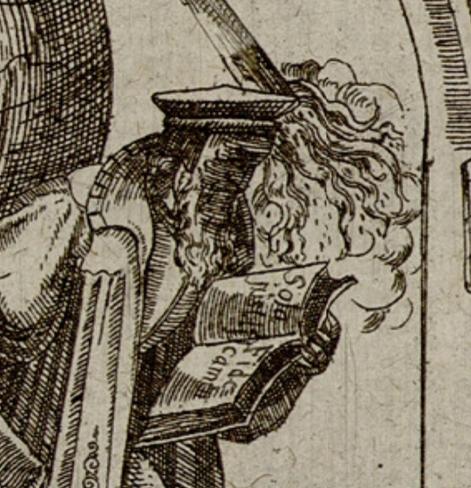 A detail from a 1608 broadside showing a man with a thinking hat reading in a big book. His hat is touched from a fire that comes from above. Source: http://resolver.sub.uni-goettingen.de/purl?PPN816080135