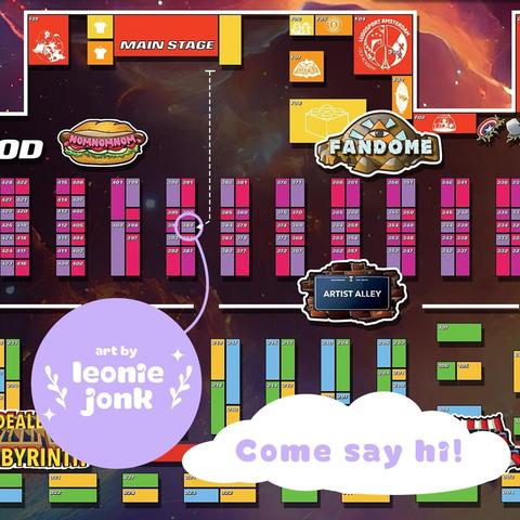 The map of comic con holland with booth number 389 circled and connected to a big logo that says "Art by Leonie Jonk"