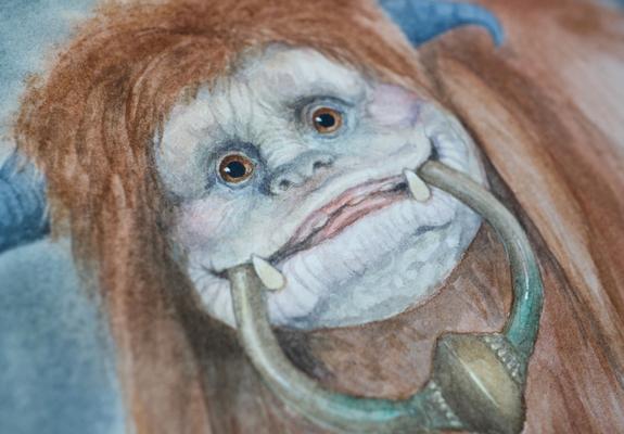watercolour painting of the character Ludo from labyrinth with the door knocker in his mouth.