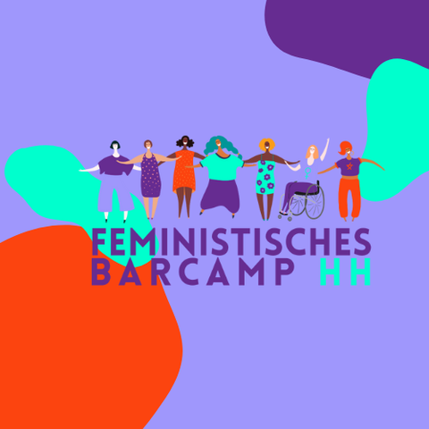 Buntes Logo des feministischen BarcampsHH auf dem 7 gezeichnete Personen zu sehe sind, die Arm-in-Arm eine Kette bilden.