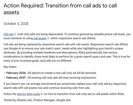 Google reveals the dates for the Google call-only ads transition to RSA call assets