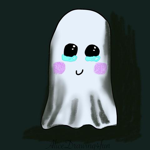 a drawing on a dark background showing a cute white ghost with a little smiling mouth, pink cheeks and happy tears welling up.