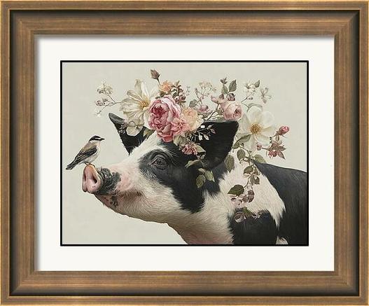 The Garden Pig / Pig Art by Lisa S Baker. A pig adorned with a floral crown gazes peacefully as a small bird perches on its snout. The delicate arrangement of flowers adds a whimsical touch to the scene.