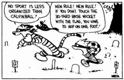 Panel from 5 May 1990 Calvin and Hobbes comic strip featuring the word Calvinball; comic of a masked boy holding a soccer ball chasing a masked, flag-holding tiger around croquet wickets and numbered posts