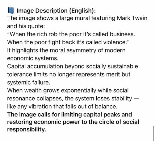 Image Description (English):
The image shows a large mural featuring Mark Twain and his quote:
"When the rich rob the poor it's called business.
When the poor fight back it's called violence." It highlights the moral asymmetry of modern economic systems.
Capital accumulation beyond socially sustainable tolerance limits no longer represents merit but systemic failure.
When wealth grows exponentially while social resonance collapses, the system loses stability - like any vibration that falls out of balance.
The image calls for limiting capital peaks and restoring economic power to the circle of social responsibility.🖖