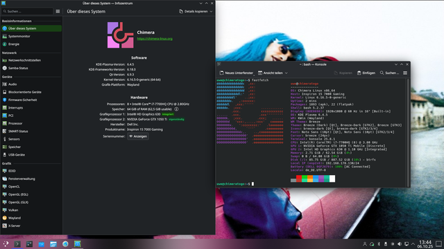 Dell Inspiron 15 7000 Gaming running Chimera Linux and KDE Plasma 6.4.5