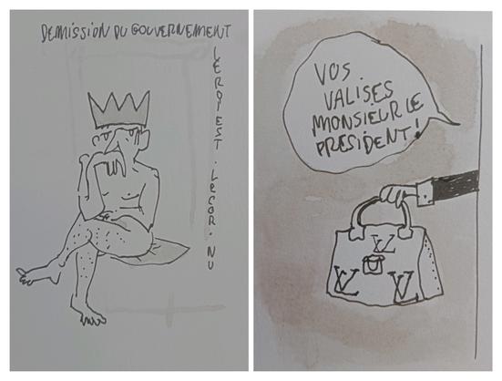 Deux dessins
Un homme assis nu avec une courroie les jambes croisées. Le roi est (lecor) nu
Et
Une main tient un sac louis Vuitton avec la bulle: "
vos valises monsieur le président "