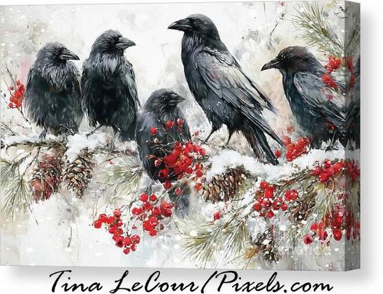 This is a canvas of 5 painted crows perched on a pine branch with winter berries and pine cones during a winter snowfall.