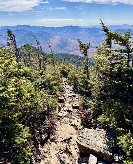 Photo of rocky trail near the summit looking down into valley. Short green trees on each side of trail. Mountain peaks seen off in the distance with autumn colors. Blue sky with puffy white clouds overhead.

Bondcliff Trail near summit of Bondcliff Mountain.